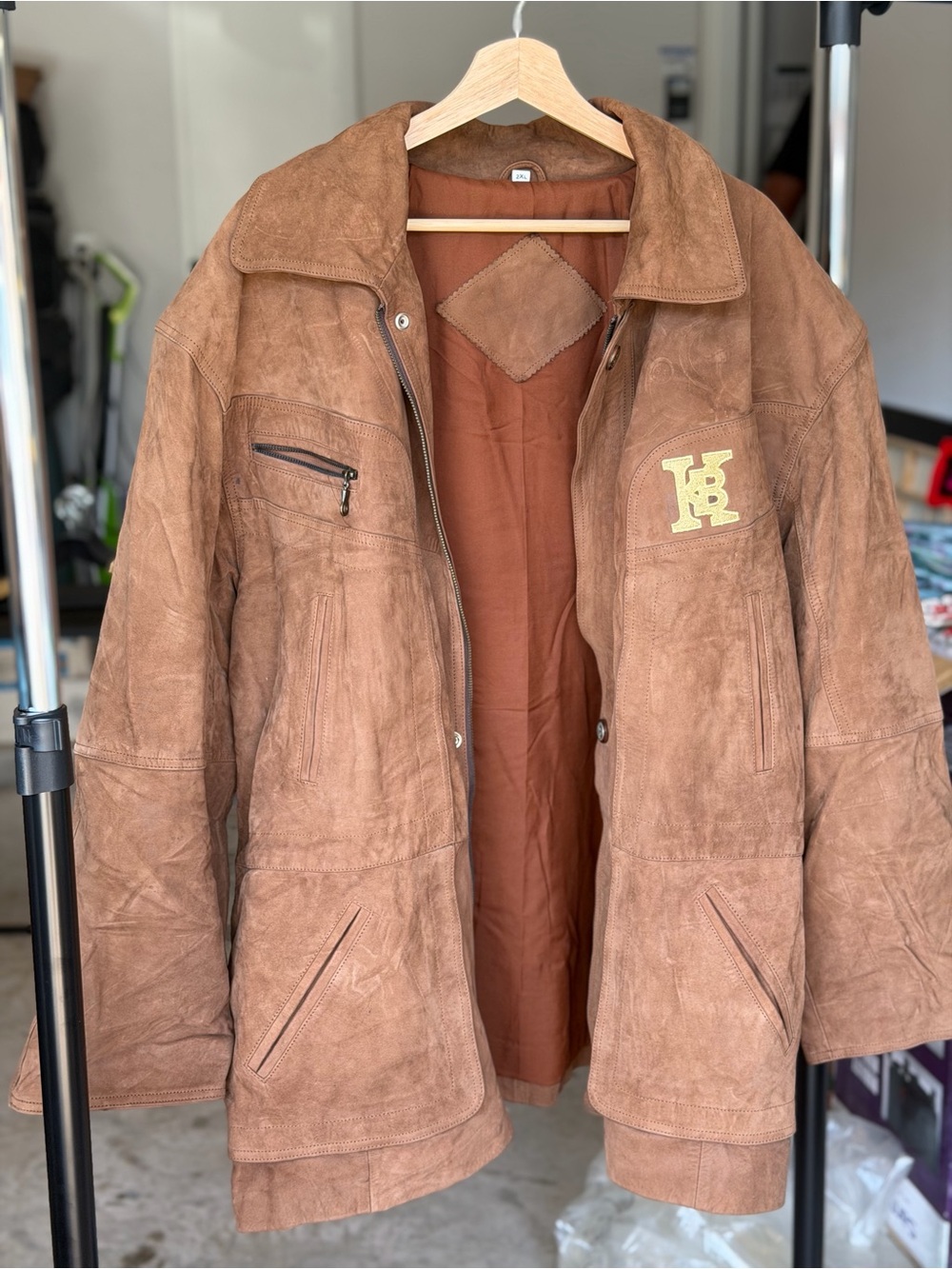 Unisex Brown Suede Jacket with Embroidered Patch genuine leather brand new